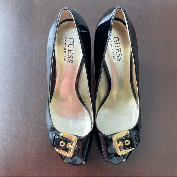 Guess Black Patent Peep Toe Buckle Heels - Picture 1 of 3